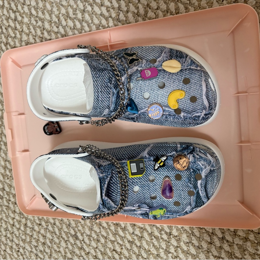 CROCS Denim Blue Clog Mules with Charms